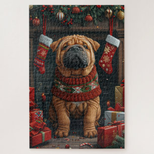 Shar Pei Hund mit Weihnachtsgeschenken Kamin