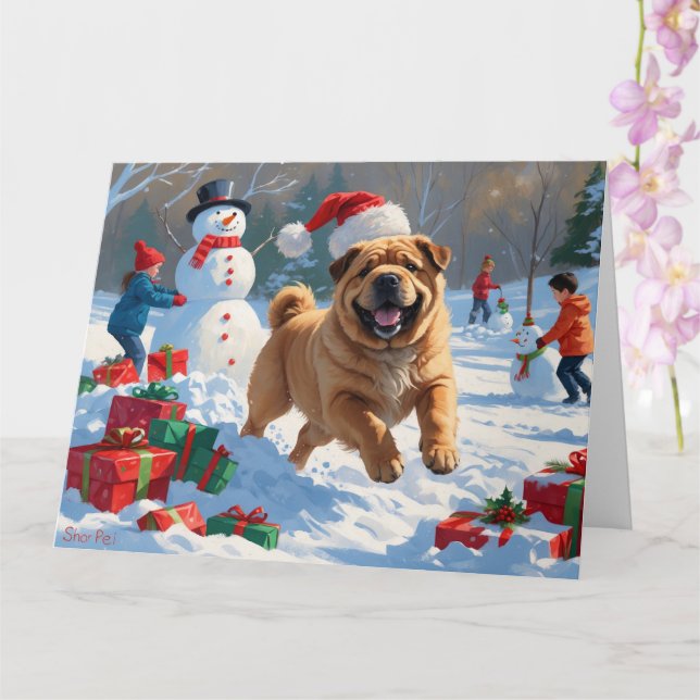 Shar Pei läuft im Schnee mit Weihnachtshut Karte (Orchidee)