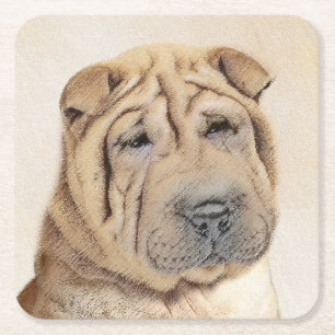 Shar Pei Painting - Niedliche Original Dog Art Rechteckiger Pappuntersetzer
