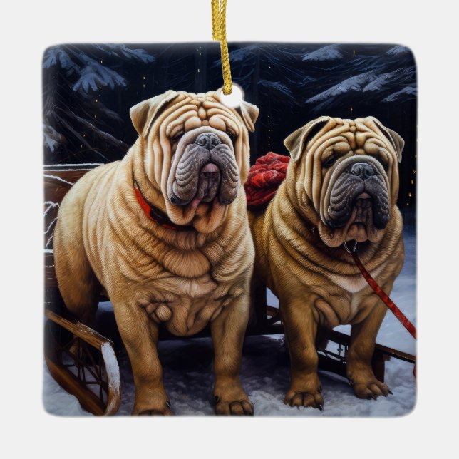 Shar Pei Snowy Sleigh Weihnachtsdekor Keramikornament (Vorderseite)