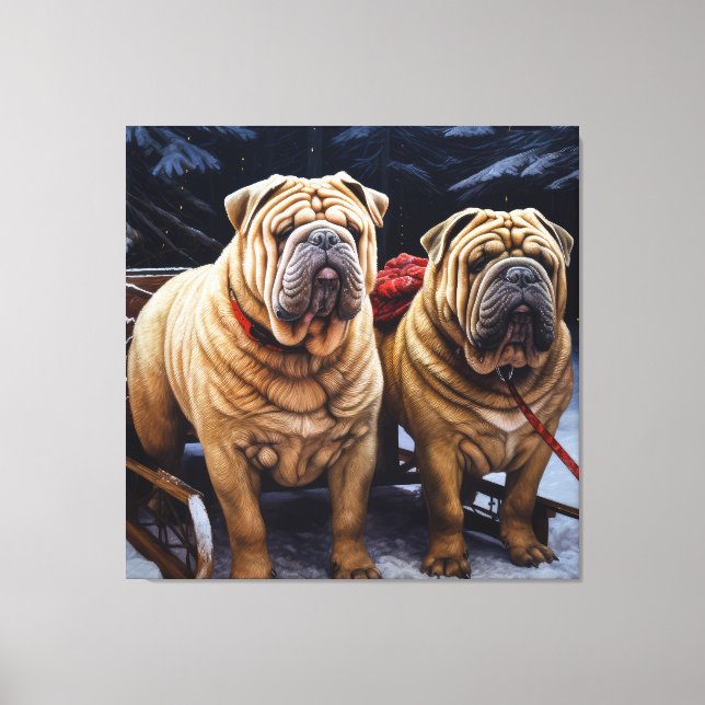 Shar Pei Snowy Sleigh Weihnachtsdekor Leinwanddruck (Vorderseite)