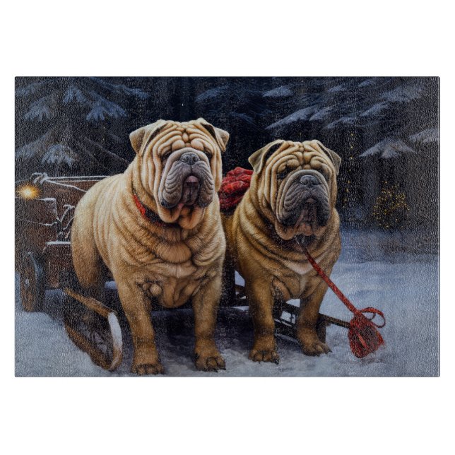 Shar Pei Snowy Sleigh Weihnachtsdekor Schneidebrett (Vorderseite)