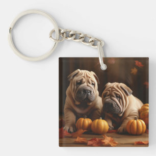Shar-Pei-Welpe Herbstvergnügen Kürbis Schlüsselanhänger