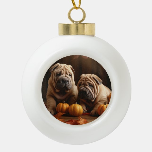 Shar Pei Welppy Autumn Delight Pumpkin Keramik Kugel-Ornament (Vorderseite)