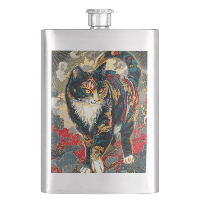 Sharaku Style Kabuki Lucky Cat Flachmann (Vorderseite)