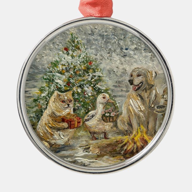 Shared Warmth Whimsical Farmhouse Animals Campfire Ornament Aus Metall (Vorne)