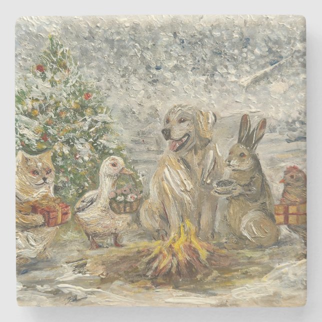 Shared Warmth Whimsical Farmhouse Animals Campfire Steinuntersetzer (Vorderseite)