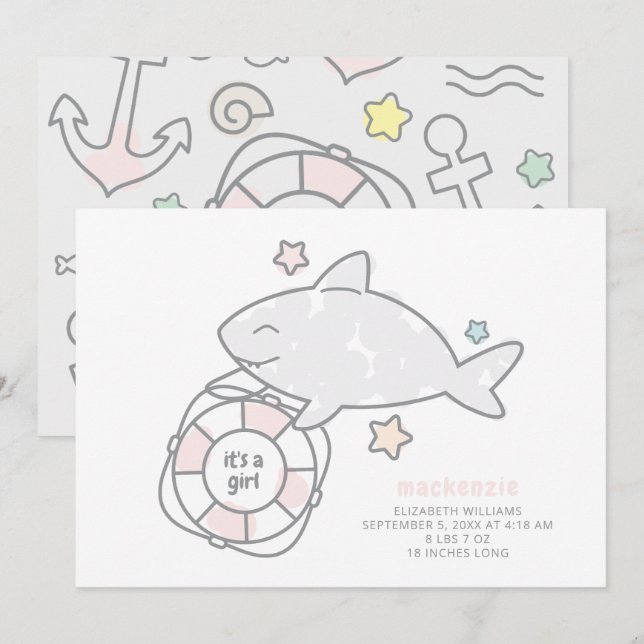 Shark Ahoy Baby Girl Birth Ankündigung (Vorne/Hinten)