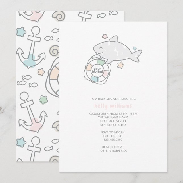 Shark Ahoy Baby Shower Einladung (Vorne/Hinten)