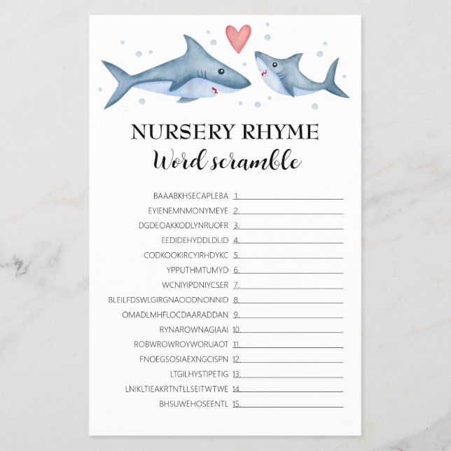 Shark Baby Dusche Kinderzimmer Rhyme Word Scramble Flyer (Vorne)