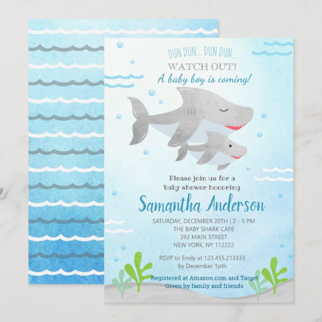 Shark Baby Shower Invitations pour bébé garçon (Devant / Derrière)