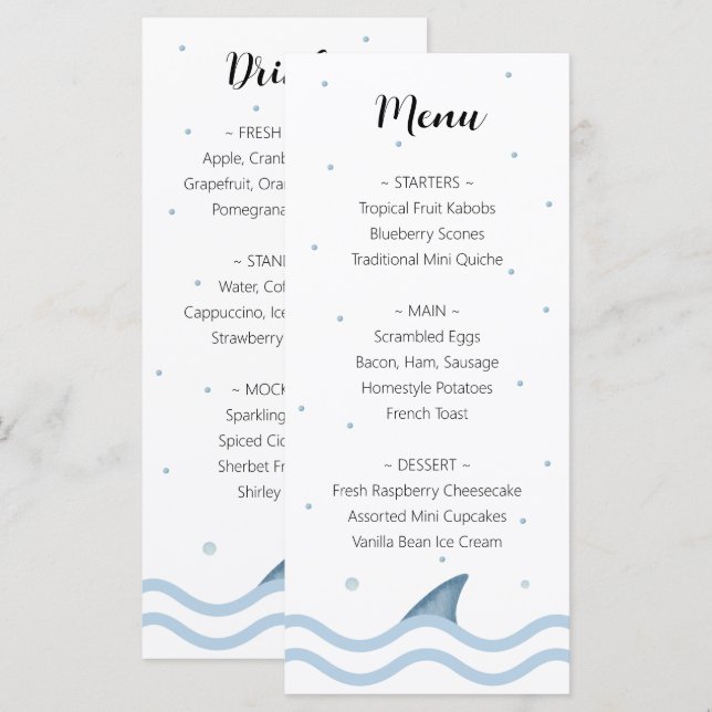 Shark Baby Shower Menü mit Haifisch Fin & Bubbles Menükarte (Vorne/Hinten)