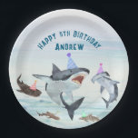 Shark Birthday Pool Party Paper Plates Pappteller<br><div class="desc">Enjoy birthday cake and ice cream with all your favorite sharks! This paper plates design features a school of festive birthday sharks all wearing fun party hats! Easily edit with your birthday party information. 

See the entire collection for more matching items!</div>