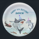 Shark Birthday Pool Party Paper Plates Pappteller<br><div class="desc">Enjoy birthday cake and ice cream with all your favorite sharks! This paper plates design features a school of festive birthday sharks all wearing fun party hats! Easily edit with your birthday party information. 

See the entire collection for more matching items!</div>