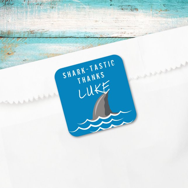 Shark Blue Cool Kindergeburtstag Gastgeschenk Quadratischer Aufkleber (Von Creator hochgeladen)