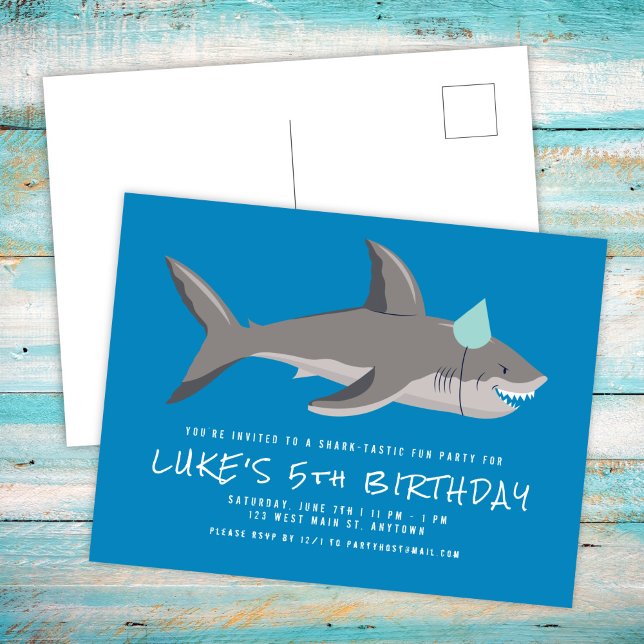 Shark Blue Cool Kindergeburtstag Party Einladung Postkarte (Von Creator hochgeladen)