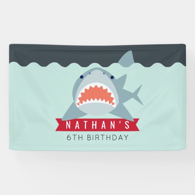 Shark Boy Navy Blue Pool Bannière Anniversaire (Horizontal)