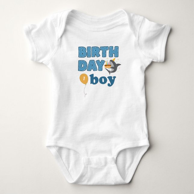 Shark Cake Birthday Boy | Alter hinzufügen Baby Strampler (Vorderseite)