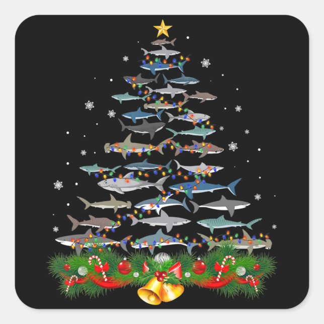 Shark Christmas Tree Shark Lovers Ohrts Quadratischer Aufkleber (Vorderseite)