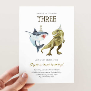 Shark & Dino 3rd B'day Invite, T-rex Shark Party Einladung