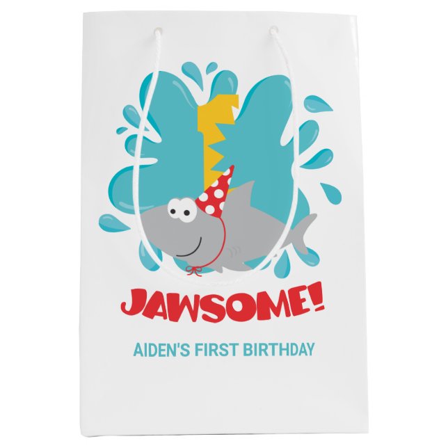 Shark First Birthday Geschenktasche Mittlere Geschenktüte (Vorderseite)
