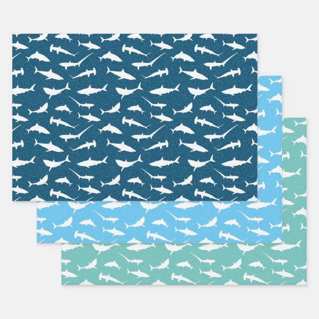 Shark Frenzy Blue White Geschenkpapier Set (Set)