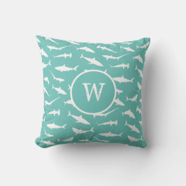 Shark Frenzy Blue White Monogram Kissen