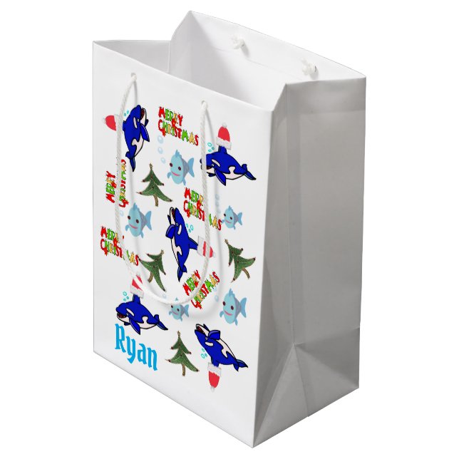 Shark Frohe Weihnachtsgeschenktaschen Mittlere Geschenktüte (Rückseite Schrägansicht)