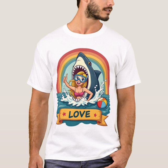 Shark Love - Funny Cartoon Beach T-shirt (Devant)