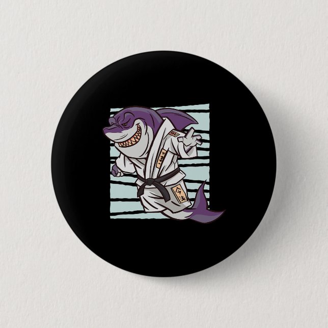 Shark Martial Arts Fighter Funny Karate Cartoon Gr Button (Vorderseite)