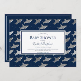 Shark Pattern Dark Blue Gray Baby Dusche Einladung