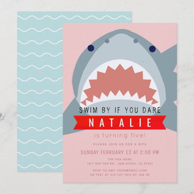 Shark Pink Pool Girl Geburtstag Einladung (Vorne/Hinten)
