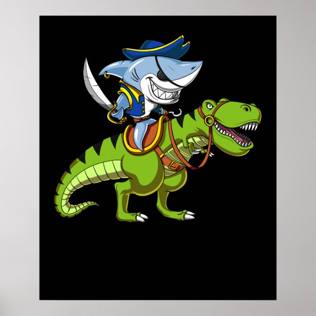 Shark Pirate Riding A T-Rex Dinosaur Fantasy Poster (Vorne)