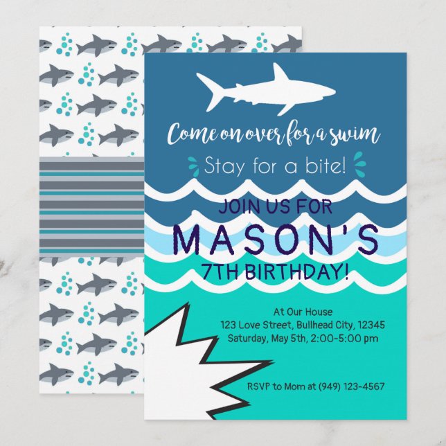 Shark Pool Party Swim Einladung Boys Sommer (Vorne/Hinten)