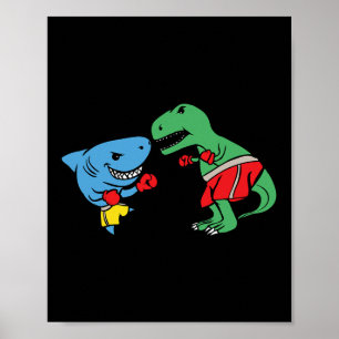 Shark Punching T-rex Dinosaur Funny Fighting Boxin Poster