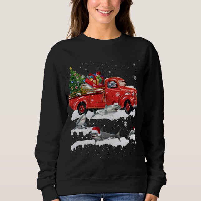 Shark Riding Red Truck Frohe Weihnachts Weihnachte Sweatshirt (Vorderseite)