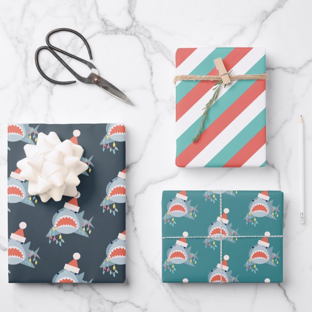 Shark Santa Claus Blue Christmas Holiday Geschenkpapier Set (Vorderseite)