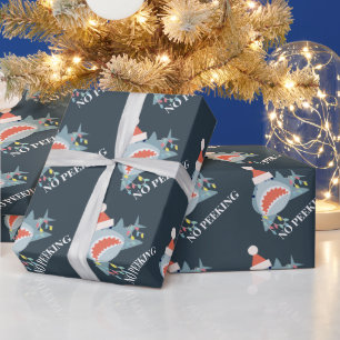 Shark Santa No Peeking Navy Weihnachtsfeiertag Geschenkpapier