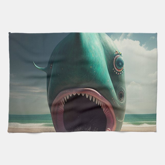 Shark sculpture on the beach geschirrtuch (Horizontal)