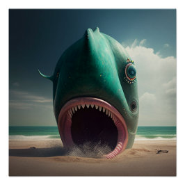 Shark sculpture on the beach poster