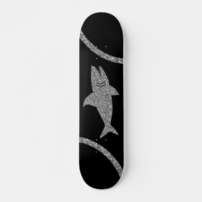 Shark Silver Glitzer Black Skateboard (Vorne)