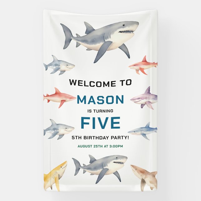 Shark Splash 5th Birthday | Cute Ocean Kids Banner (Vertikal)