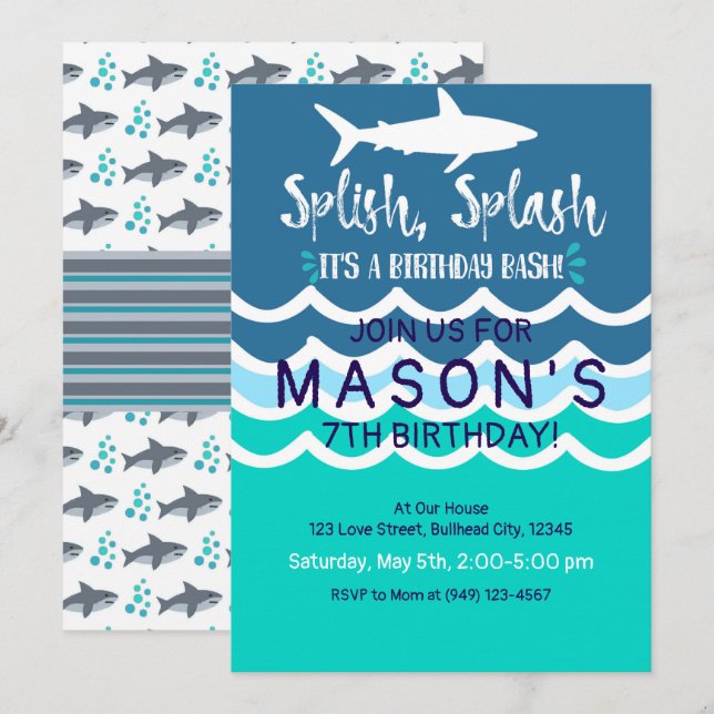 Shark Splash Party Swim Invasion Boys Sommer Einladung (Vorne/Hinten)