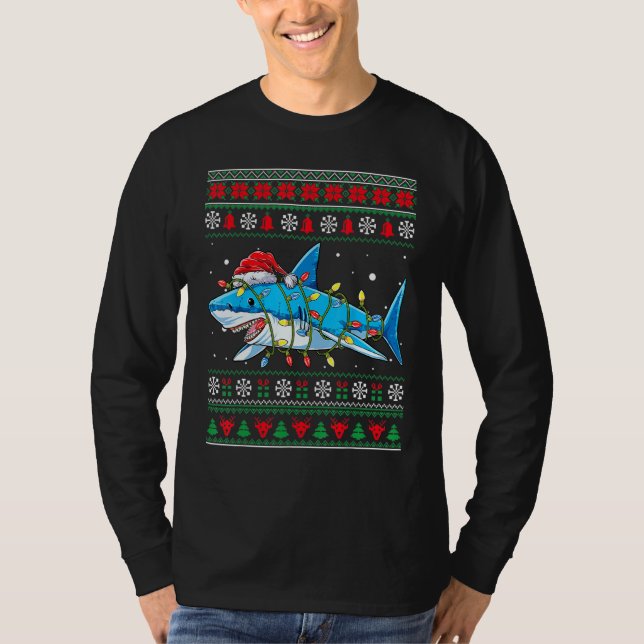 Shark Ugly Christmas Sweater Xmas Lights Family Ma T-Shirt (Vorderseite)