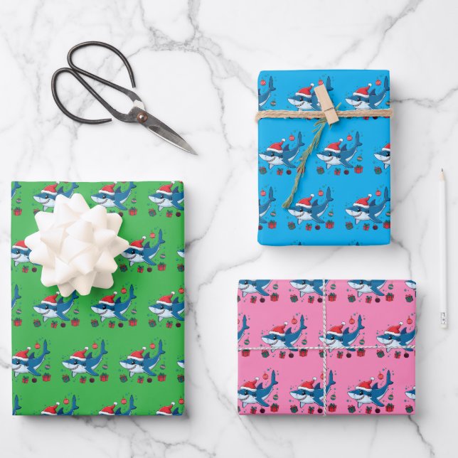 Shark Weihnachtsmannmütze Weihnachtsgeschenk Geschenkpapier Set (Vorderseite)