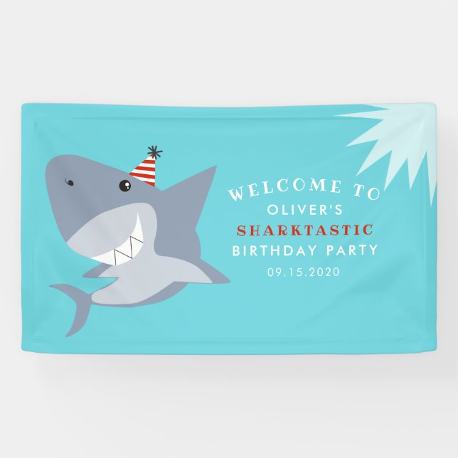 Sharktastic Shark Geburtstagsparty Willkommen Banner (Horizontal)