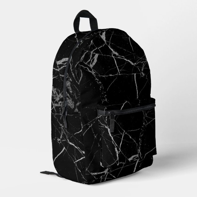Sharp Black und Silver Marble Bedruckter Rucksack (Rückseitige Ecke links)