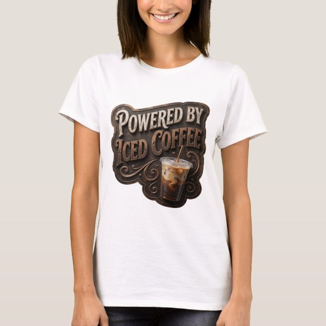 Sharp Gold POWERED BY ICED COFFEE Textdesign T-Shirt (Vorderseite)