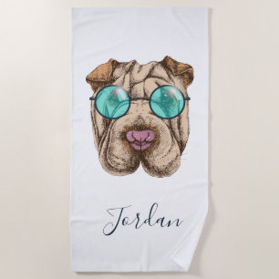 Sharpei in der Sonnenbrille   addieren Ihren Namen Strandtuch