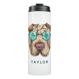 Sharpei in der Sonnenbrille   addieren Ihren Namen Thermosbecher